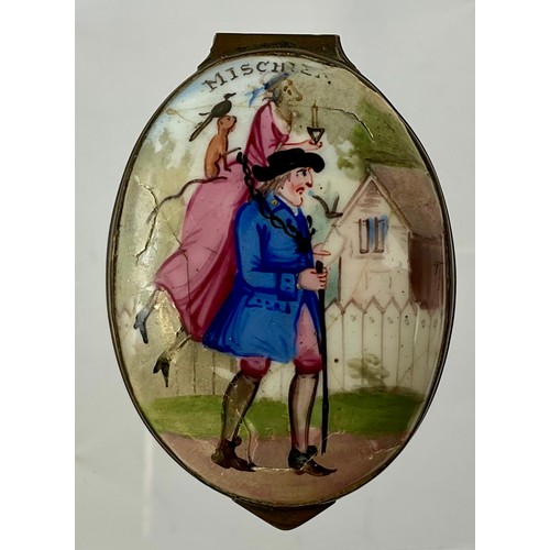 3043 - A George III south Staffordshire enamel and copper mounted oval novelty snuff box, the domed hinged ... 