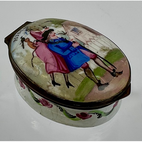 3043 - A George III south Staffordshire enamel and copper mounted oval novelty snuff box, the domed hinged ... 