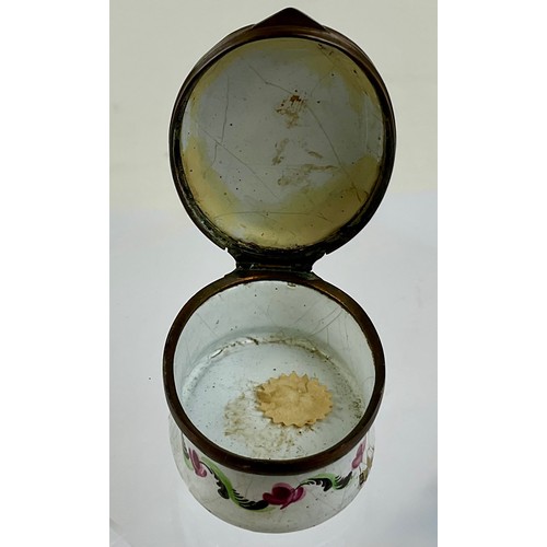 3043 - A George III south Staffordshire enamel and copper mounted oval novelty snuff box, the domed hinged ... 