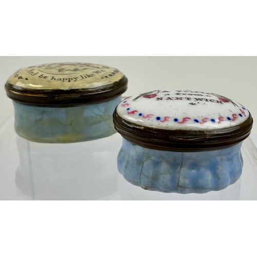 3024 - A George III Bilston enamel and copper mounted patch box, the hinged cover decorated with doves and ... 