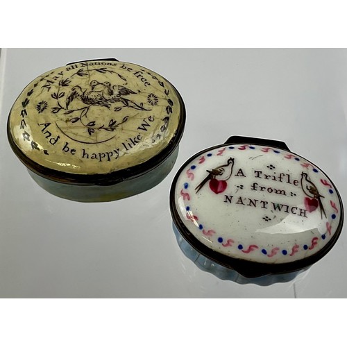 3024 - A George III Bilston enamel and copper mounted patch box, the hinged cover decorated with doves and ... 