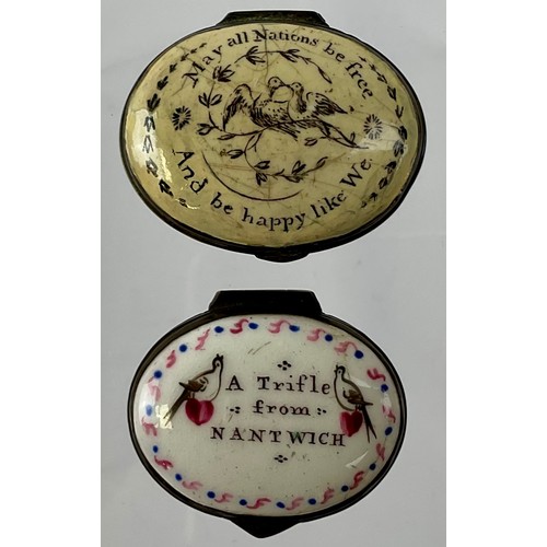 3024 - A George III Bilston enamel and copper mounted patch box, the hinged cover decorated with doves and ... 