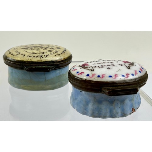 3024 - A George III Bilston enamel and copper mounted patch box, the hinged cover decorated with doves and ... 