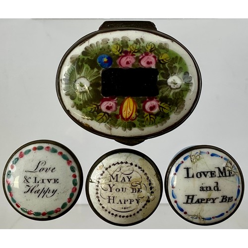 3022 - A George III Bilston enamel and brass mounted bonbonniere, the domed press close cover inscribed May... 