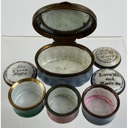 3022 - A George III Bilston enamel and brass mounted bonbonniere, the domed press close cover inscribed May... 