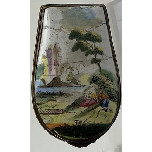 3031 - A George III South Staffordshire enamel and brass mounted bonbonniere, the hinged cover modelled as ... 