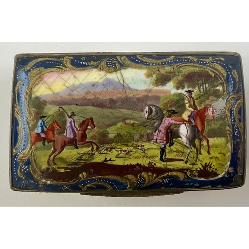 3053 - A George III South Staffordshire enamel rectangular snuff box, the domed hinged cover painted with a... 