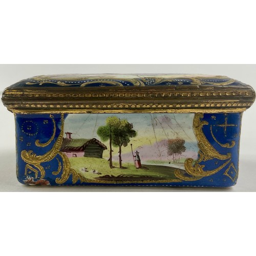 3053 - A George III South Staffordshire enamel rectangular snuff box, the domed hinged cover painted with a... 