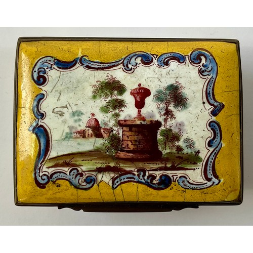 3039 - A George III South Staffordshire enamel and brass mounted snuff box, the domed hinged cover painted ... 