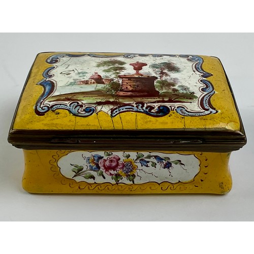 3039 - A George III South Staffordshire enamel and brass mounted snuff box, the domed hinged cover painted ... 