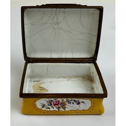 3039 - A George III South Staffordshire enamel and brass mounted snuff box, the domed hinged cover painted ... 