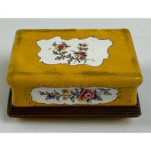 3039 - A George III South Staffordshire enamel and brass mounted snuff box, the domed hinged cover painted ... 