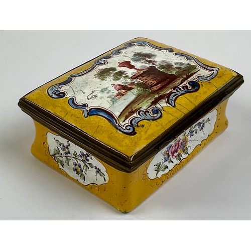3039 - A George III South Staffordshire enamel and brass mounted snuff box, the domed hinged cover painted ... 