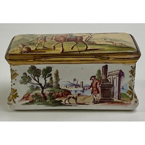 3051 - A George III South Staffordshire enamel and gilt metal mounted rectangular table snuff box, the hing... 