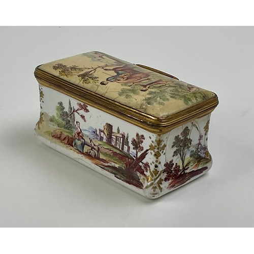 3051 - A George III South Staffordshire enamel and gilt metal mounted rectangular table snuff box, the hing... 