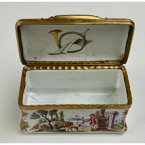 3051 - A George III South Staffordshire enamel and gilt metal mounted rectangular table snuff box, the hing... 