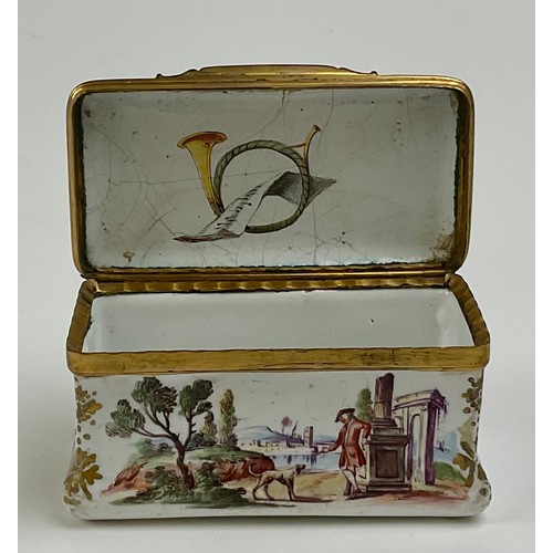 3051 - A George III South Staffordshire enamel and gilt metal mounted rectangular table snuff box, the hing... 