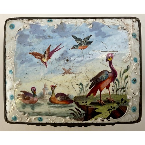 3045 - A George III South Staffordshire enamel and copper mounted snuff box, the domed hinged cover painted... 