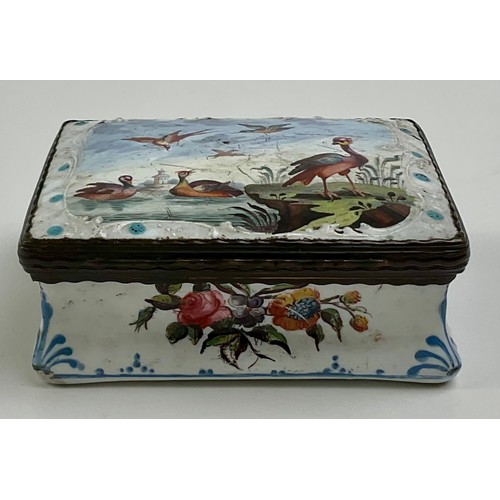 3045 - A George III South Staffordshire enamel and copper mounted snuff box, the domed hinged cover painted... 