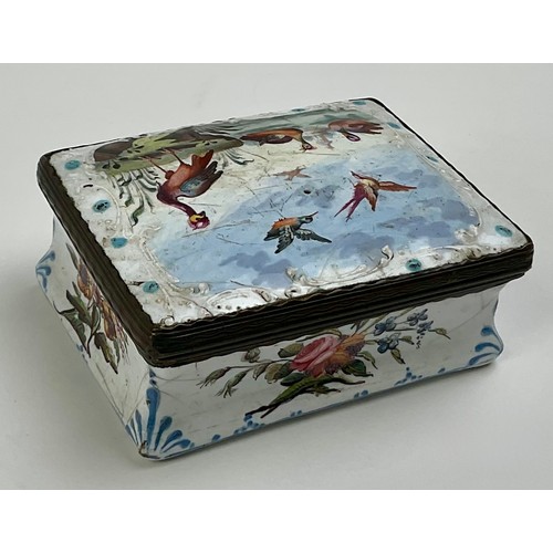 3045 - A George III South Staffordshire enamel and copper mounted snuff box, the domed hinged cover painted... 