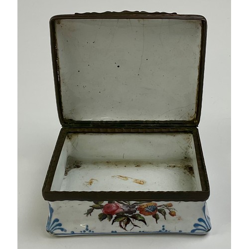 3045 - A George III South Staffordshire enamel and copper mounted snuff box, the domed hinged cover painted... 