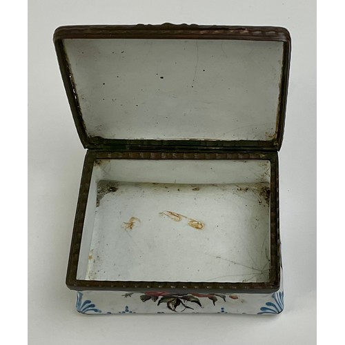 3045 - A George III South Staffordshire enamel and copper mounted snuff box, the domed hinged cover painted... 