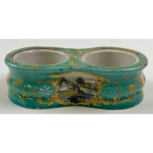 3052 - A George III South Staffordshire enamel inkstand, comprising inkwell and pounce pot wells, the sides... 