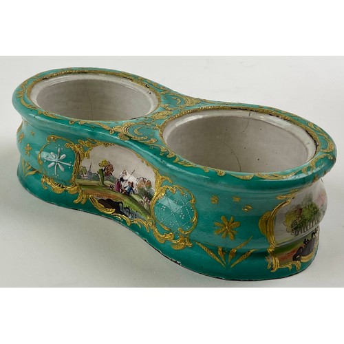 3052 - A George III South Staffordshire enamel inkstand, comprising inkwell and pounce pot wells, the sides... 