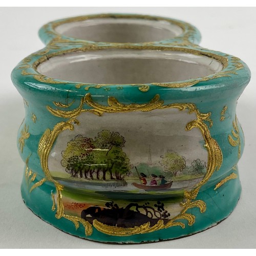 3052 - A George III South Staffordshire enamel inkstand, comprising inkwell and pounce pot wells, the sides... 