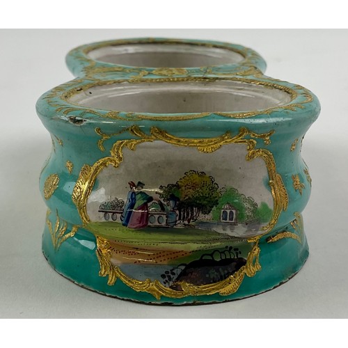3052 - A George III South Staffordshire enamel inkstand, comprising inkwell and pounce pot wells, the sides... 