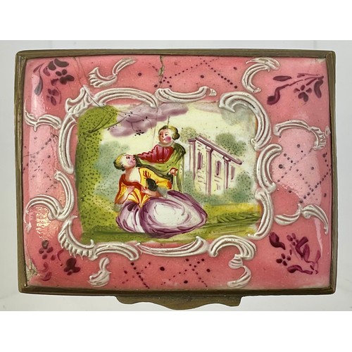 3036 - A George III South Staffordshire enamel and brass mounted rectangular snuff box, the domed hinged co... 