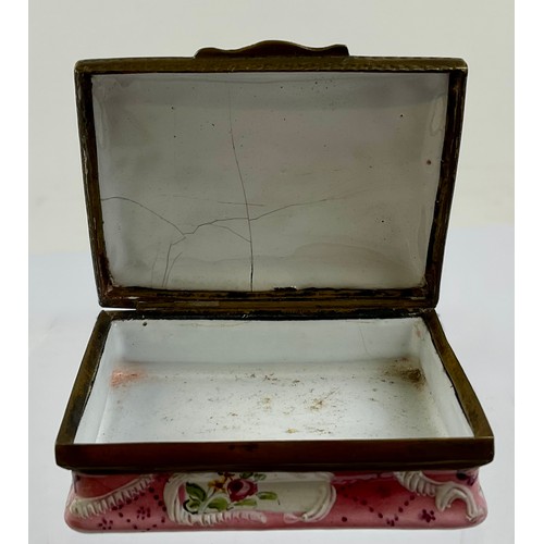 3036 - A George III South Staffordshire enamel and brass mounted rectangular snuff box, the domed hinged co... 