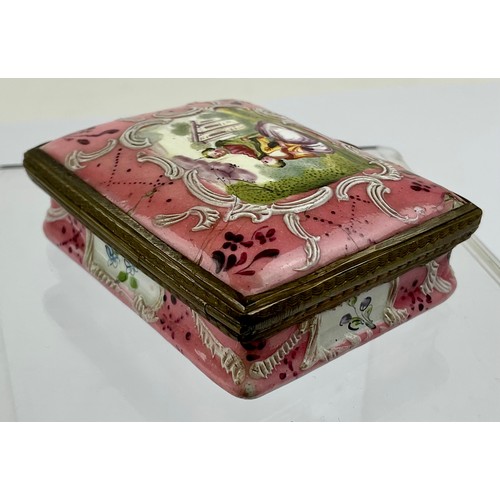 3036 - A George III South Staffordshire enamel and brass mounted rectangular snuff box, the domed hinged co... 