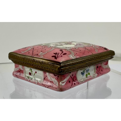 3036 - A George III South Staffordshire enamel and brass mounted rectangular snuff box, the domed hinged co... 