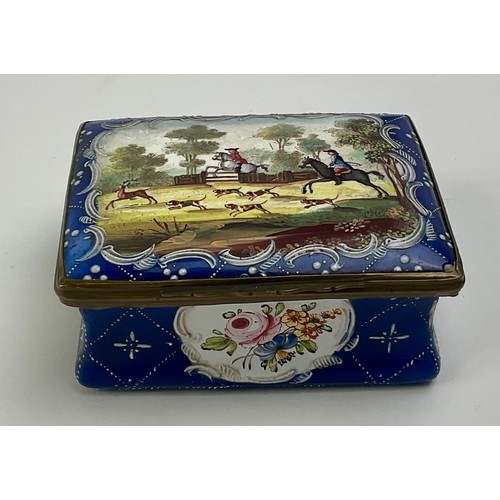 3038 - A George III South Staffordshire enamel and brass mounted rectangular snuff box, the domed hinged co... 