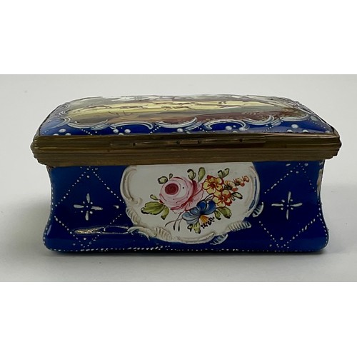 3038 - A George III South Staffordshire enamel and brass mounted rectangular snuff box, the domed hinged co... 