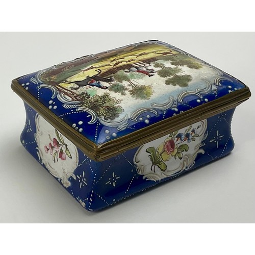 3038 - A George III South Staffordshire enamel and brass mounted rectangular snuff box, the domed hinged co... 