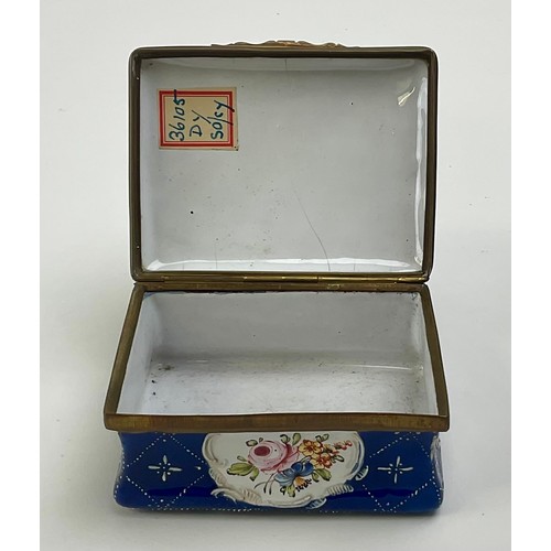 3038 - A George III South Staffordshire enamel and brass mounted rectangular snuff box, the domed hinged co... 
