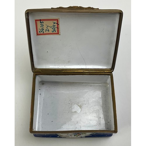 3038 - A George III South Staffordshire enamel and brass mounted rectangular snuff box, the domed hinged co... 