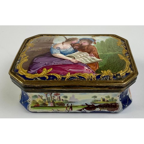 3047 - A George III South Staffordshire enamel and gilt metal mounted canted rectangular table snuff box, t... 