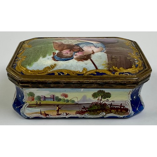 3047 - A George III South Staffordshire enamel and gilt metal mounted canted rectangular table snuff box, t... 