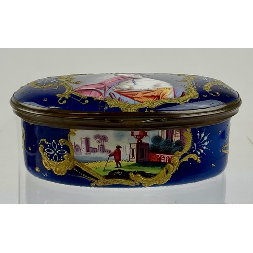 3048 - A George III South Staffordshire enamel and gilt metal mounted oval snuff box, the hinged cover pain... 