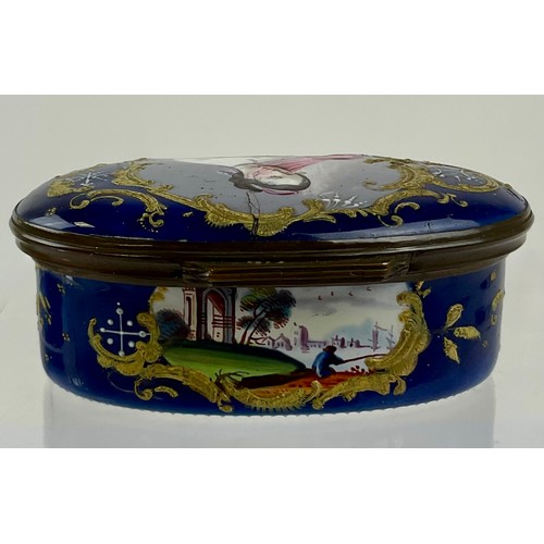 3048 - A George III South Staffordshire enamel and gilt metal mounted oval snuff box, the hinged cover pain... 