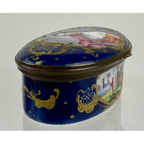3048 - A George III South Staffordshire enamel and gilt metal mounted oval snuff box, the hinged cover pain... 