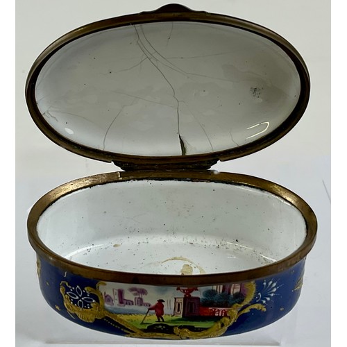 3048 - A George III South Staffordshire enamel and gilt metal mounted oval snuff box, the hinged cover pain... 