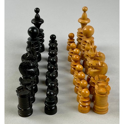 3008 - A boxwood and ebonised St George pattern chess set, the Kings 9cm high, 19th century, mahogany box