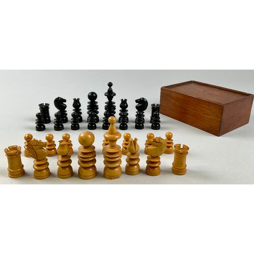 3008 - A boxwood and ebonised St George pattern chess set, the Kings 9cm high, 19th century, mahogany box