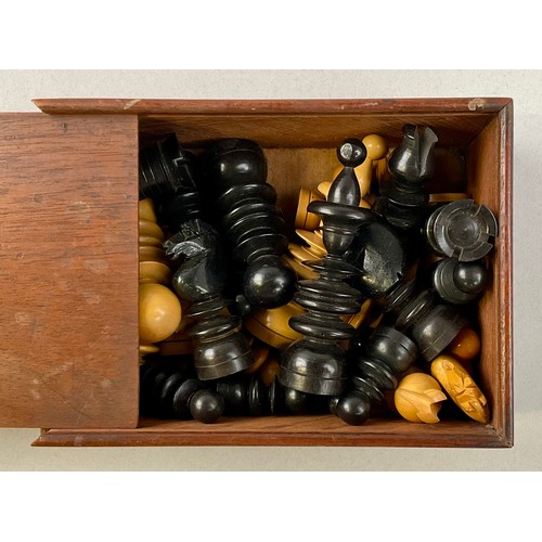 3008 - A boxwood and ebonised St George pattern chess set, the Kings 9cm high, 19th century, mahogany box