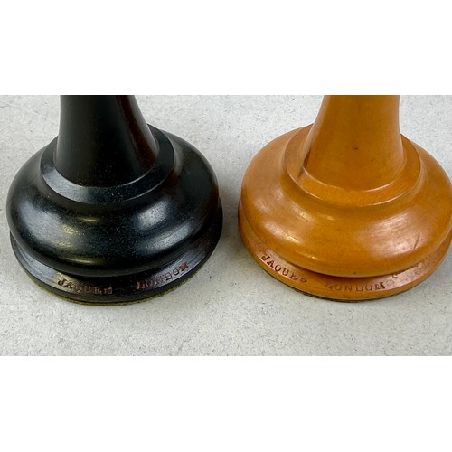 3012 - A boxwood and ebony Staunton pattern chess set, by Jaques, London, signed, weighted bases, marked fo... 