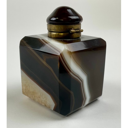 3021 - A French Palais Royale banded agate square inkwell, canted lapidary angles, chased gilt metal mounts... 